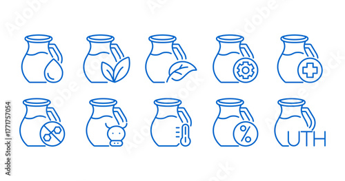 Milk Types Icon Set. Collection of Linear Vector Illustrations of Dairy Jugs Representing Organic, Pasteurized, Low Fat, and Whole Milk Variants.