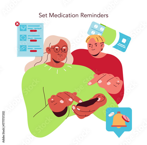 Elderly Assistance with Medication Reminders Vector Illustration