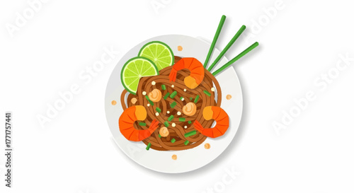 Delicious Pad Thai with Shrimp and Lime on a White Plate with Chopsticks, Ideal for Asian Cuisine Menus and Restaurant Advertisements