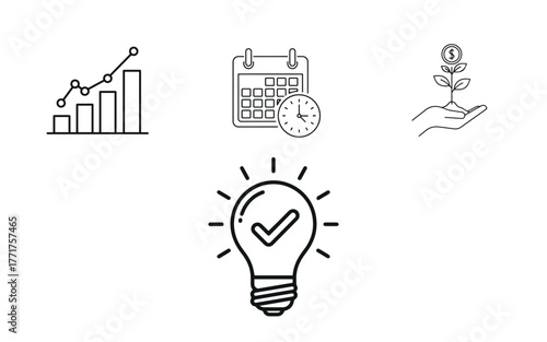 Business Growth & Finance Icon Set: Scheduling, Investment, and Validated Idea Generation Vector