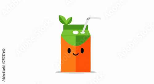 Joyful orange juice carton character with happy face and straw, perfect for kids' drinks and healthy lifestyle promotions