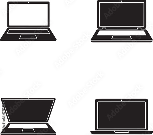 Four silhouette icons of modern laptops displaying different open and closed positions
