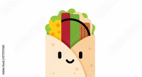 Adorable cartoon burrito with a happy smiling face, perfect for food blogs, restaurant branding, and fun culinary projects