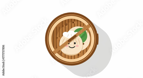 Delightfully cute steamed dumplings with a smiling face in a bamboo steamer, perfect for Asian cuisine promotions and food blog content