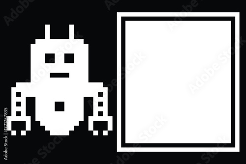Cartoon pixel art humanoid robot learning toy robotic engineer bot machine business vector character automation electronic background 8 bit artificial intelligence design.
