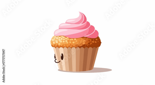 Delightful cartoon cupcake with a sweet pink frosting swirl and a cheerful face, perfect for fun food concepts.
