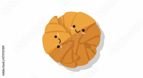Adorable smiling croissants share a sweet moment, perfect for breakfast promotions, children's books, or joyful bakery branding