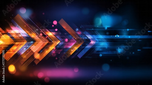 Dynamic abstract graphic depicts illuminated directional arrows moving rapidly across a dark background.