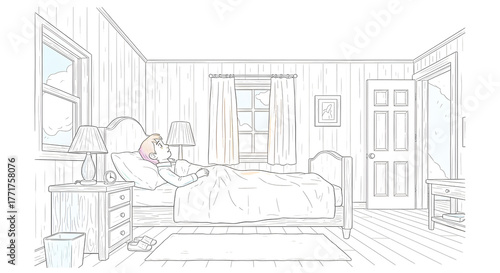 Cozy bedroom scene with a peaceful person resting comfortably in bed, capturing a serene moment of sleep or a gentle awakening in a tranquil home environment