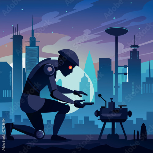 Silhouette of a humanoid robot repairing a flying drone under city lights