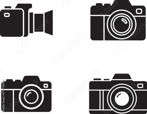 Collection of black silhouette icons representing different types of cameras on a white background