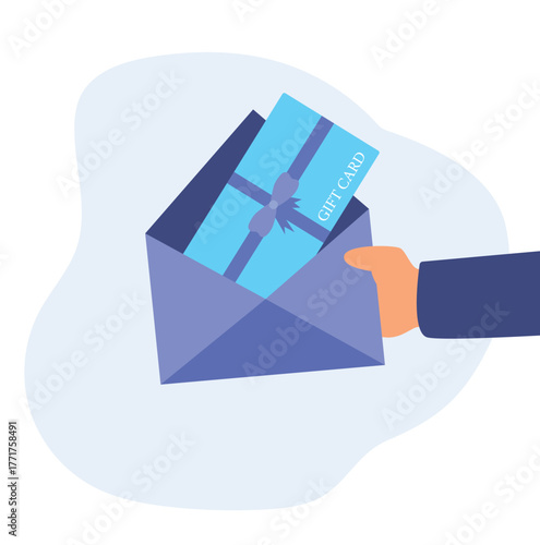 Human hand holding  gift card envelope. Shopping discount certificate for customers. Celebrating valentine's day, Mother's day, Women's day Or Birthday, Gift card voucher. Vector illustration