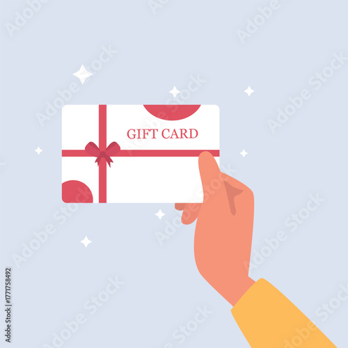 Human hand holding  gift card envelope. Shopping discount certificate for customers. Celebrating valentine's day, Mother's day, Women's day Or Birthday, Gift card voucher. Vector illustration