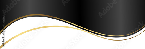 Luxury black and gold foil corner border with elegant metallic midnight edge overlay, smooth curve and ribbon trim for premium packaging, invitations, labels and background designs.
