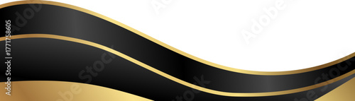 Luxury black and gold foil corner border with elegant metallic elegant black frame, smooth curve and ribbon trim for premium packaging, invitations, labels and background designs.