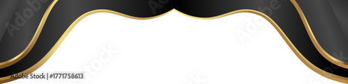 Luxury black and gold foil corner border with elegant metallic wave accent trim, smooth curve and ribbon trim for premium packaging, invitations, labels and background designs.