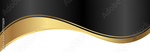 Luxury black and gold foil corner border with elegant metallic foil arc glow, smooth curve and ribbon trim for premium packaging, invitations, labels and background designs.