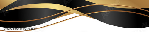 Luxury black and gold foil corner border with elegant metallic golden twist border, smooth curve and ribbon trim for premium packaging, invitations, labels and background designs.