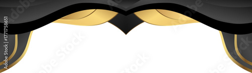 Luxury black and gold foil corner border with elegant metallic luxury ribbon accent, smooth curve and ribbon trim for premium packaging, invitations, labels and background designs.