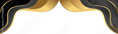 Luxury black and gold foil corner border with elegant metallic golden overlay arc, smooth curve and ribbon trim for premium packaging, invitations, labels and background designs.