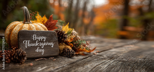 Happy Thanksgiving Card. Rustic Thanksgiving scene with a pumpkin, autumn leaves and a 
