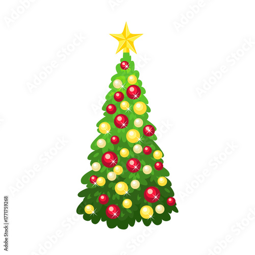 New year Christmas tree on isolated on white background. Vector cartoon flat illustration. 