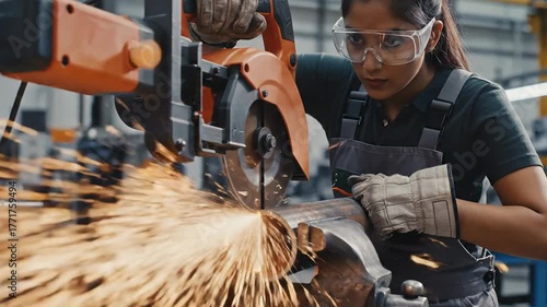 Metalworker using saw with safety gear sparks flying in workshop