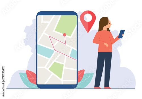 Young female character using her phone to navigate with a map app and location pin, showcasing modern travel and technology. Mobile GPS tracking concept
