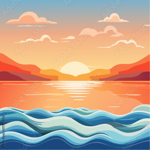 Pixel Art Landscape of Orange Sunset Over Water with Rolling Blue Waves and Distant Mountains Under Cloudy Sky in Warm Lighting