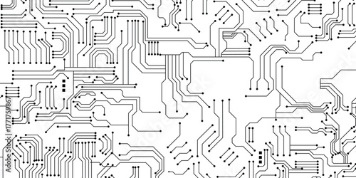 Expansive digital circuit pattern, modern technology background, interconnection and advanced technological infrastructure, abstract circuit board with connected lines and dots. Vector