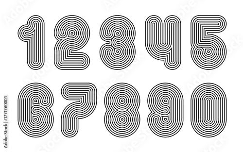 Line number logo type. Vector funky anniversary design. Striped digital graphic font. Retro sport artistic typography. Round old character alphabet. Poster decorative digits, outline circle shapes