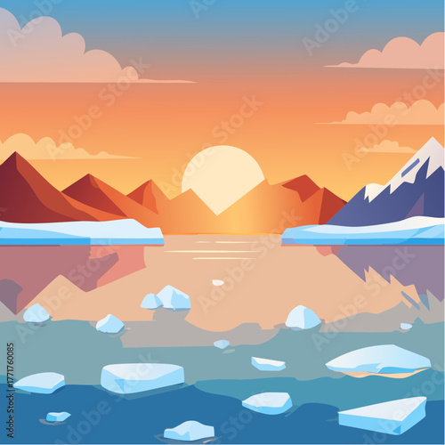 Pixelated Arctic Landscape Featuring Floating Icebergs and Distant Mountains at Sunset with Reflective Water and Cloudy Sky in Warm Tones