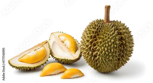 Freshly cut durian fruit with vibrant yellow flesh exposed, showcasing its unique thorny exterior against a white background