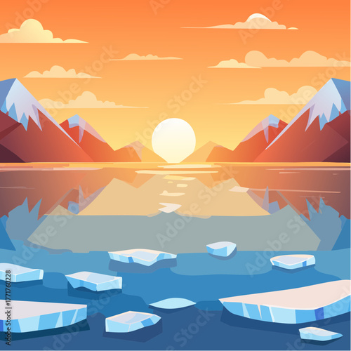 Scenic Sunset Over Water with Ice Floes and Mountain Landscape in Pixel Art Style with Warm and Cool Tone in Calm Atmospheric