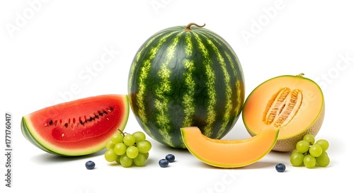 A vibrant collection of fresh fruits Watermelon, cantaloupe, grapes, and blueberries creating a colorful ensemble