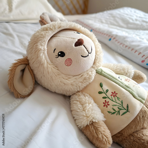 close up of stuffed toy on bed
