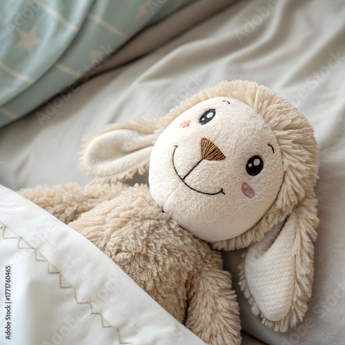 close up of stuffed toy on bed