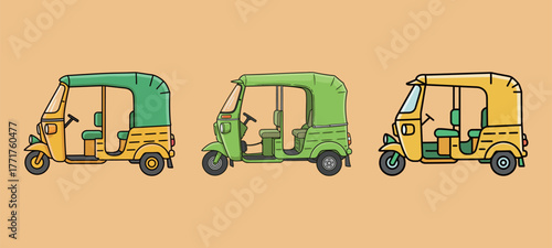 Traditional Indian Auto Rickshaw Set: Yellow and Green Tuk Tuk Public Transport