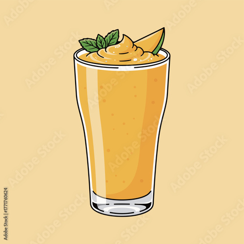 Refreshing Mango Smoothie or Lassi Drink in a Glass with Mint and Mango Slice Vector Illustration