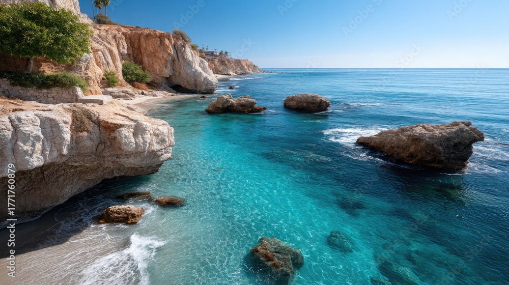 Fototapeta premium Crystal Clear Turquoise Ocean Water Gently Lapping Against Rocky Shoreline With Lush Greenery Under Bright Sunny Blue Sky