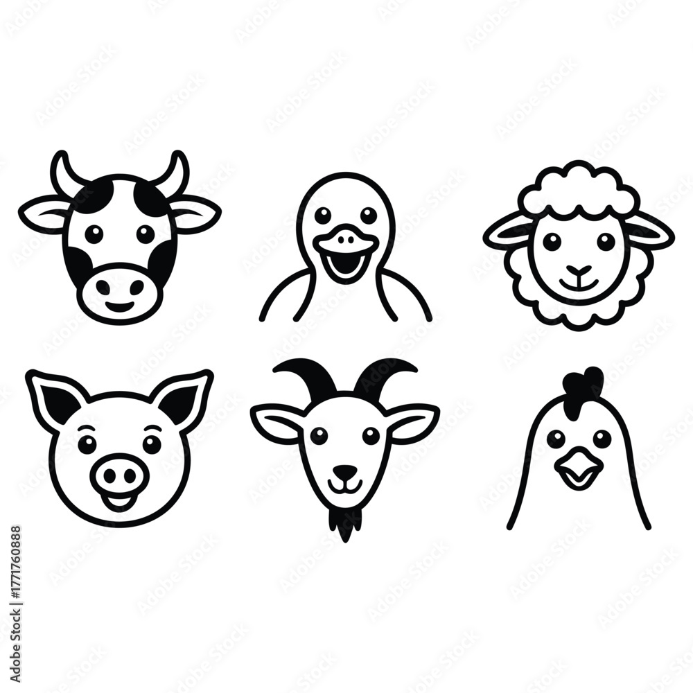 Fototapeta premium Collection of six farm animal head icons simple black and white icons for rustic farm life and countryside themes