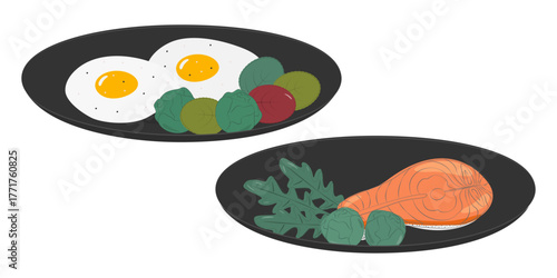 Fried Eggs with Brussels Sprouts and lettuce with Salmon Steak with Arugula and Cabbage Healthy Food