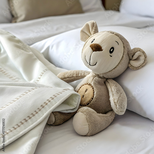 close up of stuffed toy on bed