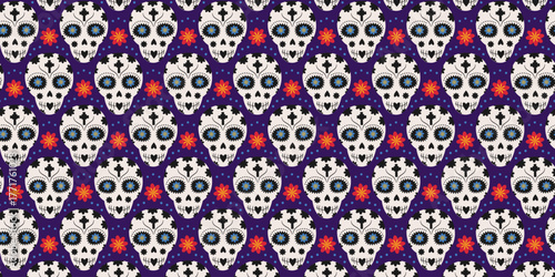 Sugar Skulls with flowers decor and dots Seamless Pattern Banner Format Day of the Dead Festive Fond