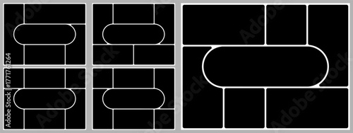 Brutalist background bento box grid. Photo post template layout. Presentation slide moodboard design. Brochure collage rectangular style gallery. Round shape modular mosaic hierarchy. Comic poster y2k