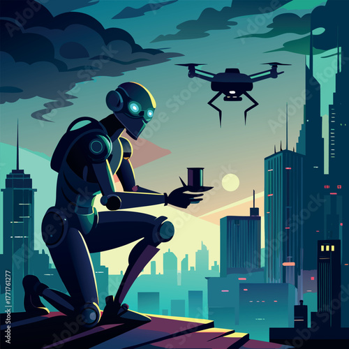 Silhouette of a humanoid robot repairing a flying drone under city lights