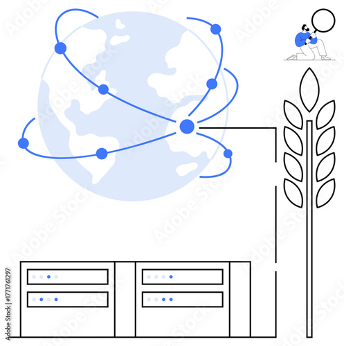 Earth with digital nodes, connected server units, wheat stalk, and researcher. Ideal for technology, agriculture, sustainability, innovation data sharing research global networks. Simple flat