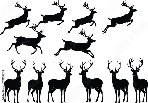 Deer silhouette vector illustration, wildlife animal artwork, forest nature design, majestic stag drawing, leaping reindeer graphic, cad drawing flat vector illustration