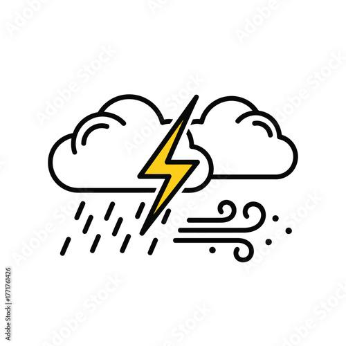 Weather icon with rain, lightning, and wind