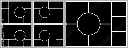 Grid template layout. Geometric shapes photo collage design. 4x3 bento moodboard background. Abstract poster montage board, Square circle box image gallery vector album. Rectangle banner slide page